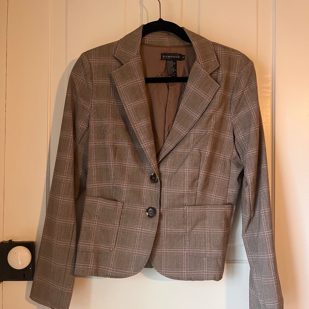 Rampage Light Taupe Plaid Blazer Tailored Suit Jacket